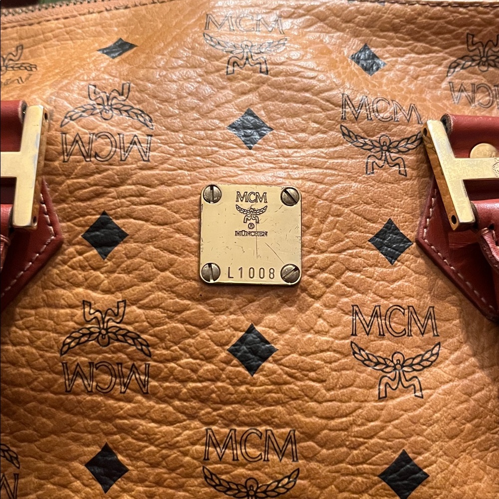MCM Tan and Brown Satchel with Iconic Monogram and Leather Trim - Picture 6 of 10